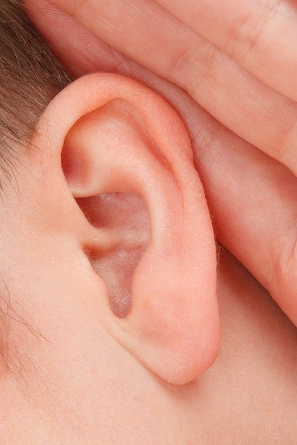 Primer plano de una oreja con una mano alrededor de ella, lo que sugiere el acto de escuchar o intentar oír con mayor claridad. Esto podría representar a un niño preguntándose cómo saber por qué no oye bien.