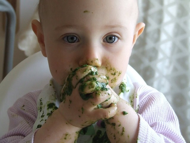 Un bebé de pelo corto y ojos azules está sentado en una silla alta, con comida verde untada en la cara y las manos, mientras sostiene torpemente una gran cantidad de ella. Si tu hijo no viene bien, explorar consejos sobre alimentación infantil podría ayudar a mejorar las experiencias a la hora de comer.