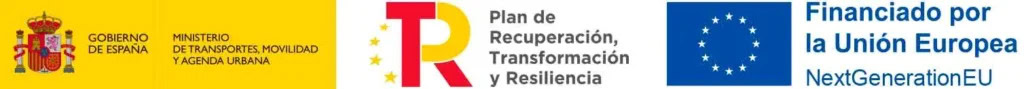 Logotipos del gobierno español y NextGenerationEU con el texto "Ministerio de Transportes, Movilidad y Agenda Urbana", "Plan de Recuperación, Transformación y Resiliencia" y "Financiado por la Unión Europea" en el pie de página.