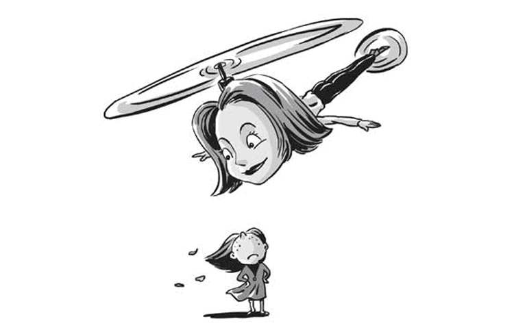 Ilustración en blanco y negro de una cabeza grande con una hélice en la parte superior, volando sobre un niño pequeño. El cabello del niño está siendo arrastrado por la hélice del viento, simbolizando los efectos de sobreprotección.