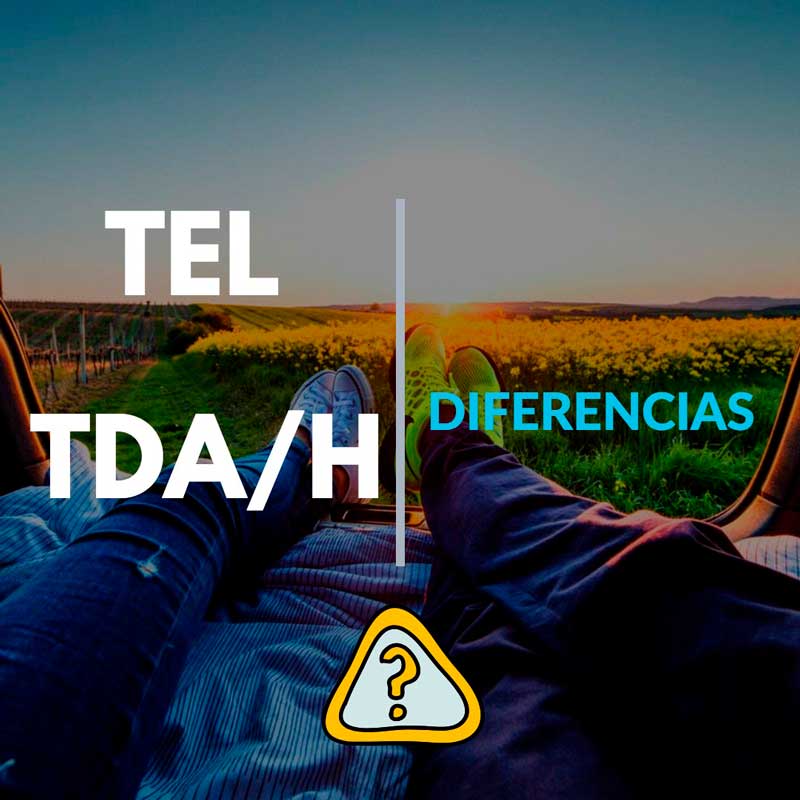 Imagen que muestra a dos personas tumbadas en un campo al atardecer, con el texto "TEL TDA/H Diferencias" en el centro y un símbolo de alerta con un signo de interrogación en la parte inferior, destacando aspectos de Déficit de Atención e Hiperactividad.