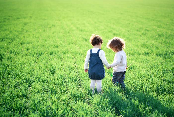 Dos niños tomados de la mano y de pie juntos en un exuberante campo verde, de espaldas a la cámara, simbolizando la importancia de la educación en valores desde una edad temprana.